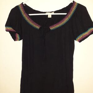 Black short sleeve womans shirt with red/yllw/grn